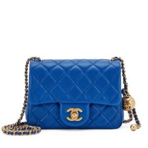 Dark Blue Quilted Lambskin Mini Pearl Crush Flap Bag Aged Gold Hardware, 2021