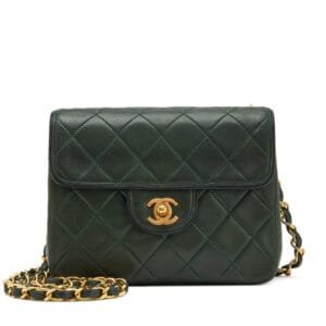 Dark Green and Black Trim Quilted Lambskin Mini Square Classic Flap Bag Gold Hardware, 1989-1991
