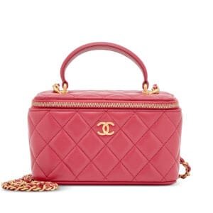 Dark Pink Quilted Lambskin Top Handle Vanity Bag Aged Gold Hardware, 2021