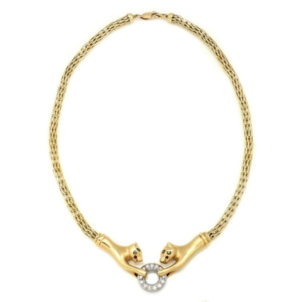 Double Panther Clasping Diamond O-Ring Necklace 14K Gold