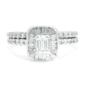 Emerald Cut Diamond Halo Engagement Ring Set White Gold