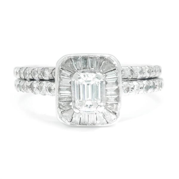 Emerald Cut Diamond Halo Engagement Ring Set White Gold