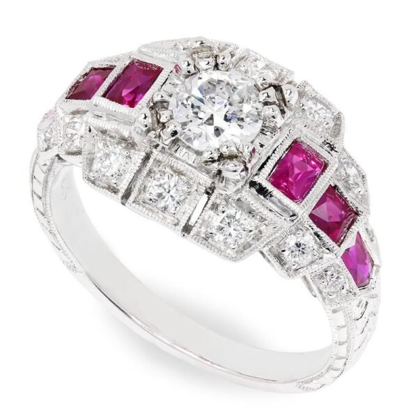 European Diamond Engagement Ring with Rubies 18K 1.61ctw