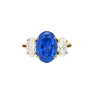 Gold, 5.09ct Ceylon Sapphire and Diamond Three Stone Ring