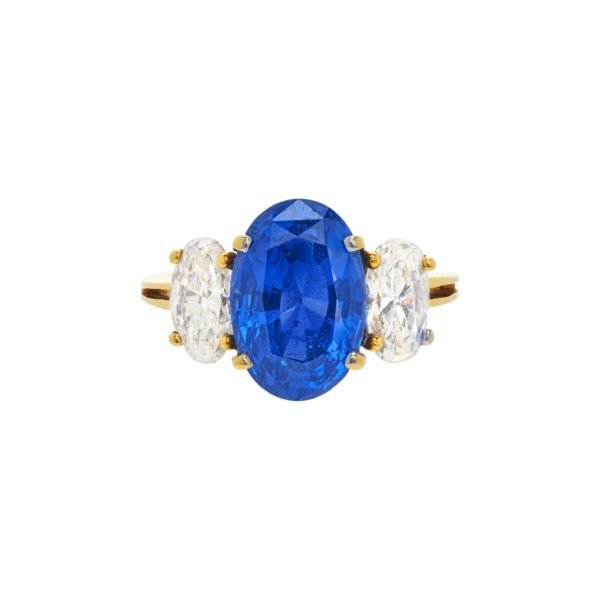 Gold, 5.09ct Ceylon Sapphire and Diamond Three Stone Ring