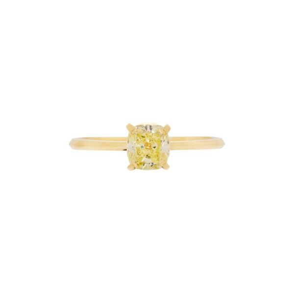 Gold and 0.74ct Cushion Cut Yellow Diamond Solitaire Engagement Ring