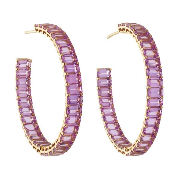 Gold and 21.75ctw Pink Sapphire Hoop Earrings