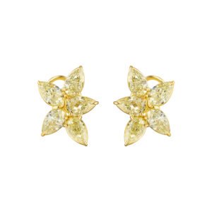 Gold and 5.55ctw Pear Cut Yellow Diamond Cluster Earrings