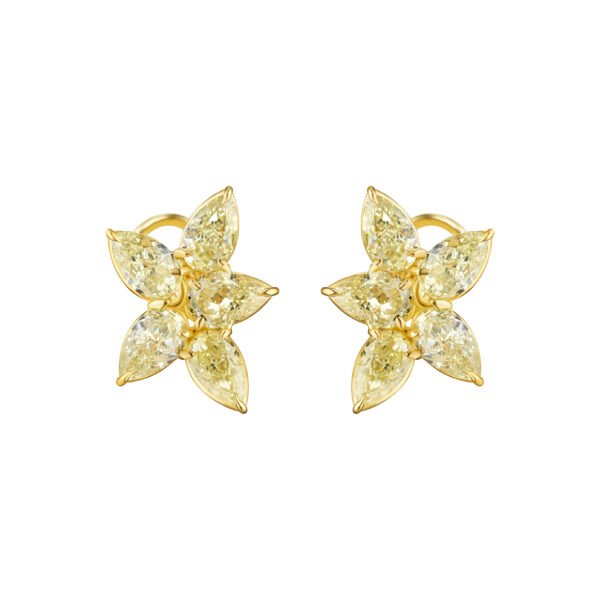 Gold and 5.55ctw Pear Cut Yellow Diamond Cluster Earrings