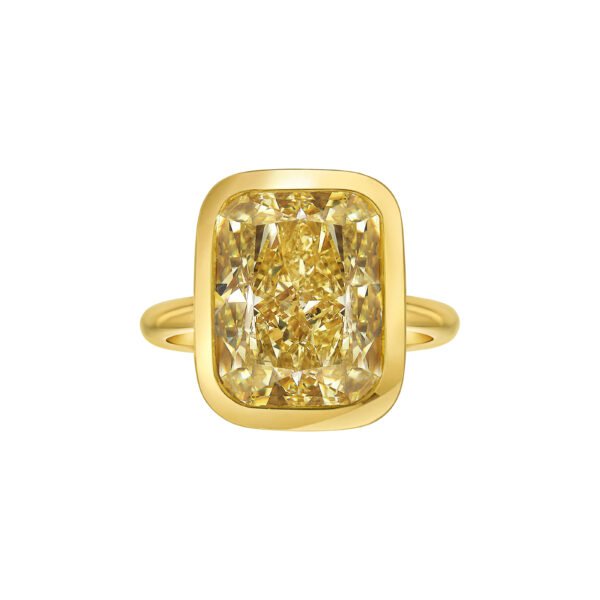 Gold and 8.25ct Cushion Cut Fancy Yellow Diamond Bezel Engagement Ring