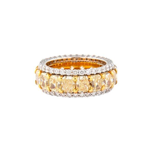 Gold and 9.25ctw Radiant Cut Yellow Diamond Eternity Band Ring