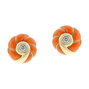 Gold, Coral and Diamond Earclips