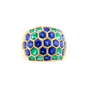 Gold, Emerald and Sapphire Honeycomb Ring