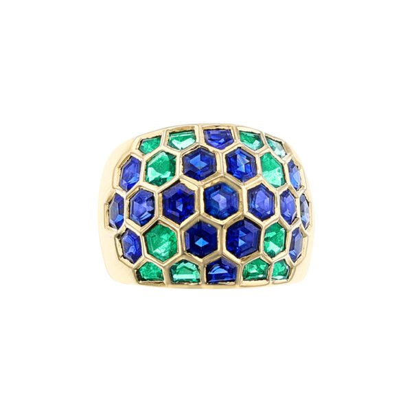 Gold, Emerald and Sapphire Honeycomb Ring