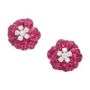 Gold, Invisibly Set Ruby and Diamond Flower Earclips