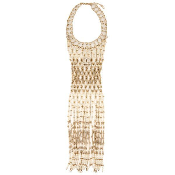 Gold Metal, Crystal, and Imitation Pearl CC Bib Chain Necklace, 2019
