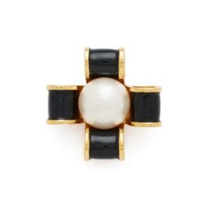 Gold Metal, Imitation Pearl and Black Enamel Brooch, 1950s-1960s