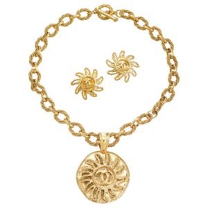 Gold Metal Medallion Sun Pendant Necklace and Clip-On Earrings