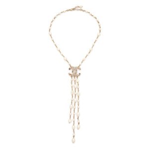 Gold Metal, White and Pink Imitation Pearl CC Drop Necklace, 2020