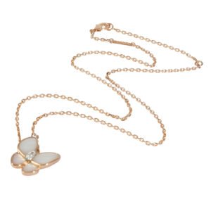 Gold, Mother of Pearl and Diamond Two Butterfly Pendant Necklace