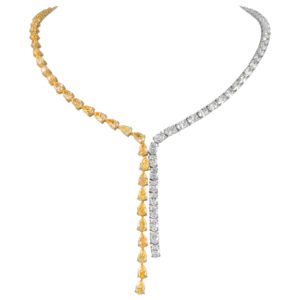 Gold, Pear Cut Yellow Diamond and Oval Cut Diamond Waterfall Collar Necklace