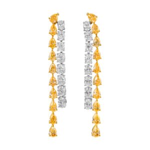 Gold, Pear Shape Yellow Diamond and Oval Cut Diamond Waterfall Drop Earrings