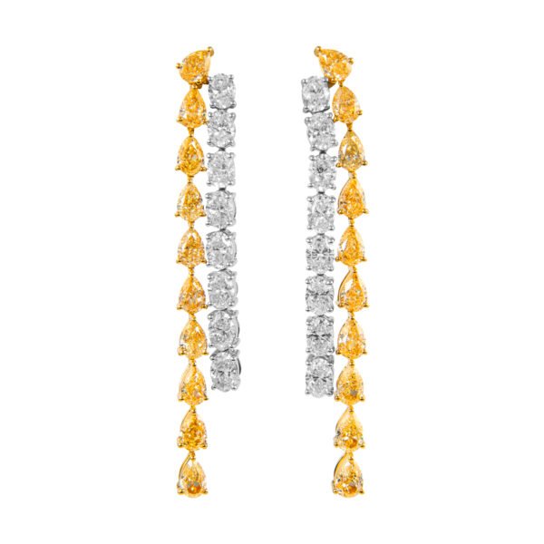 Gold, Pear Shape Yellow Diamond and Oval Cut Diamond Waterfall Drop Earrings