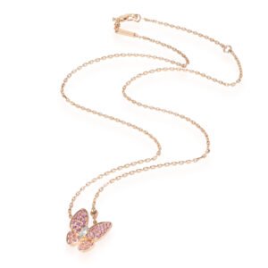 Gold, Pink Sapphire and Diamond Two Butterfly Pendant Necklace