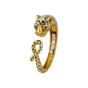 Gold, Platinum, Emerald, Enamel and Diamond Leopard Bracelet