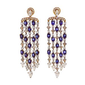 Gold,Platinum, Sapphire and Diamond Chandelier Earrings