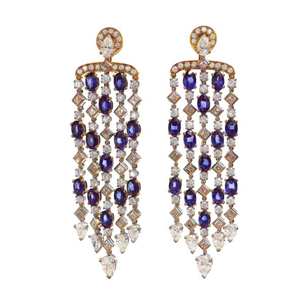 Gold,Platinum, Sapphire and Diamond Chandelier Earrings