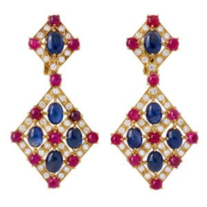 Gold, Sapphire, Ruby and Diamond Earrings