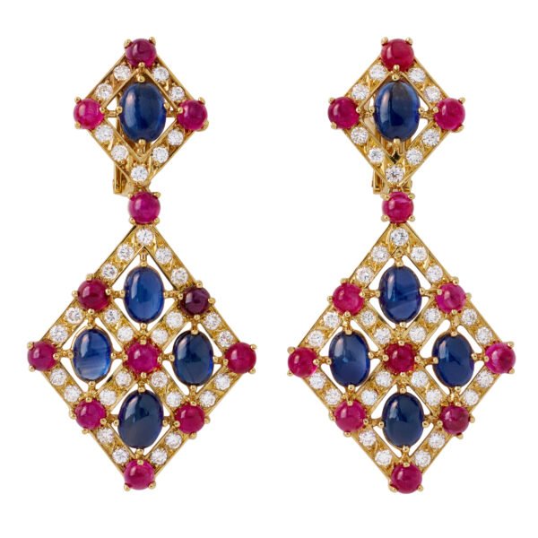Gold, Sapphire, Ruby and Diamond Earrings