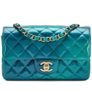 Green and Blue Quilted Patent Calfskin Shaded Mini Rectangular Flap Bag Gold Hardware, 2023