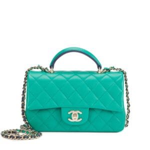 Green and Navy Blue Quilted Lambskin Mini Flap Top Handle Light Gold Hardware, 2023