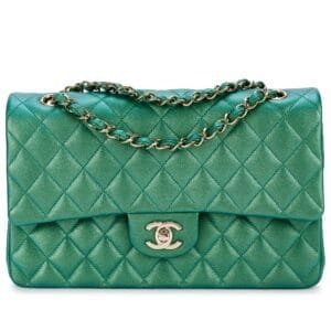 Green Iridescent Quilted Calfskin Timeless Classic Double Flap Pale Gold Hardware