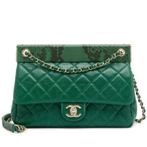 Green Lambskin and Snakeskin Quilted Frame Flap Bag Gold Hardware, 2018