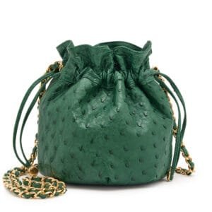 Green Ostrich Mini Drawstring Bucket Bag Gold Hardware, 1986-1988