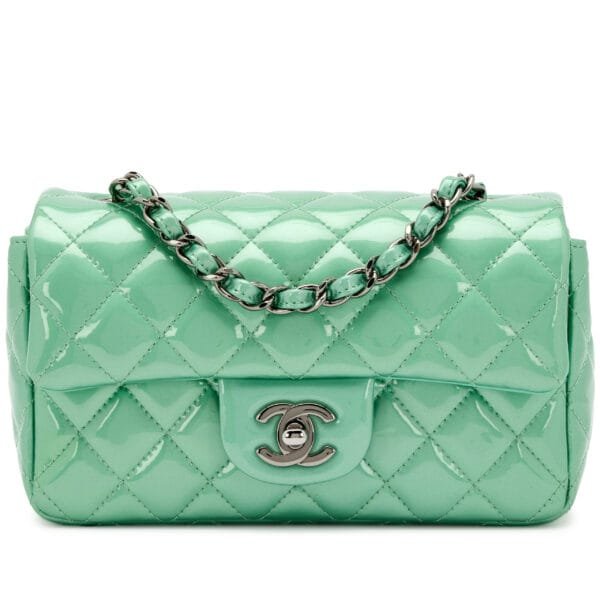 Green Quilted Patent Mini Rectangular Classic Single Flap Ruthenium Hardware, 2013