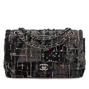 Grey, Black, and Red Embellished Chains and Beads Wool Tweed Medium Classic Double Flap Ruthenium Hardware, 2016