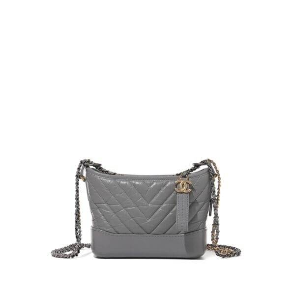 Grey Chevron Calfskin Small Gabrielle Hobo Bag Brushed Gold and Ruthenium Hardware, 2020