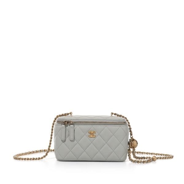 Grey Quilted Lambskin Pearl Crush Long Vanity Case Aged Gold Hardware, 2023