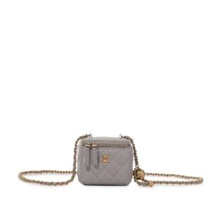 Grey Quilted Lambskin Pearl Crush Mini Vanity Case Aged Gold Hardware