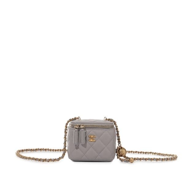 Grey Quilted Lambskin Pearl Crush Mini Vanity Case Aged Gold Hardware