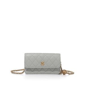 Grey Quilted Lambskin Pearl Crush Phone Clutch Brushed Gold Hardware, 2023