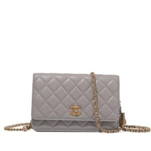 Grey Quilted Lambskin Pearl Crush Wallet on Chain Gold Hardware