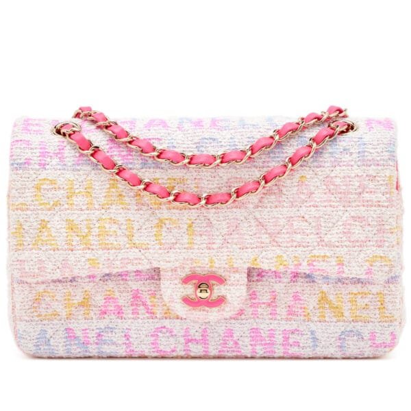 Hot Pink, Yellow, Purple and White Quilted Letter Logo Printed Tweed Medium Double Flap Light Gold Hardware, 2024
