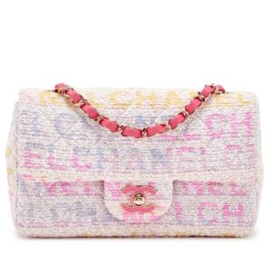 Hot Pink, Yellow, Purple and White Quilted Letter Logo Printed Tweed Rectangular Mini Classic Flap Light Gold Hardware, 2024