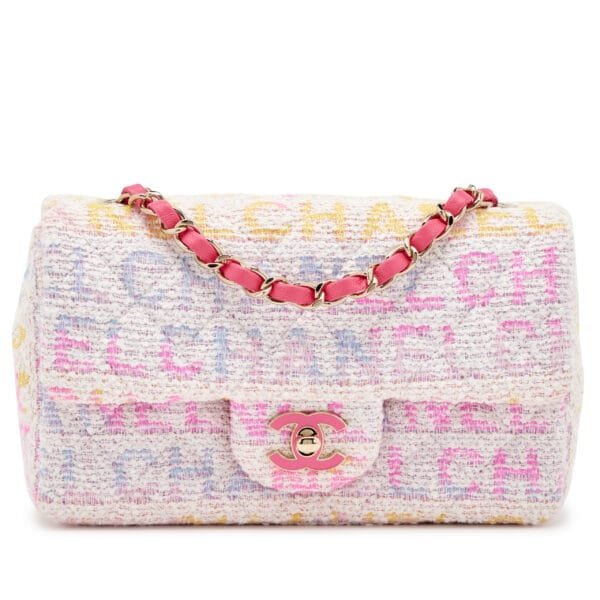 Hot Pink, Yellow, Purple and White Quilted Letter Logo Printed Tweed Rectangular Mini Classic Flap Light Gold Hardware, 2024