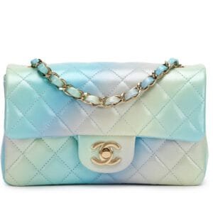 Iridescent Blue, Green, and Purple Ombre Tie-Dye Quilted Lambskin Mini Rectangular Flap Bag Pale Gold Hardware, 2024